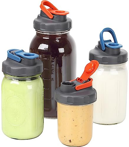 Soligt Einmachglas-Deckel, breite Öffnung, Ausgießer, Klappdeckel für Einmachgläser, auslaufsicher, luftdicht, zum Trinken von Salat, Dressing und zur Aufbewahrung von Lebensmitteln, 4 Stück