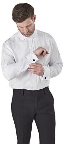 Xposed Mens White Dress Shirt Double Cuff with Cufflinks Easy Iron Cotton Tailored Fit [SHIRT-DB22-1-16]
