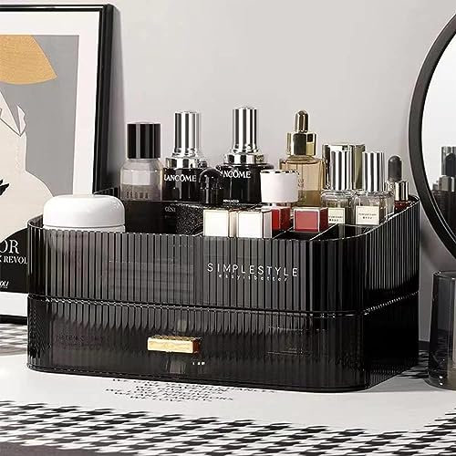 Bingobang Makeup Organiser Storage Drawers, Stackable Skincare Cosmetic Organizer Acrylic Large, Tidy for Lipstick, Nail Care, Perfume, Jewelery, Brush, Vanity Desk, Dresser, Bedroom, Bathroom (Black)