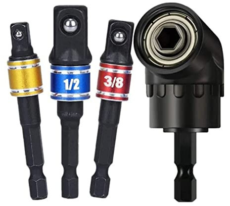 4 Pcs Drill Adapter,105° Angled Bit,1/2in 3/8in 1/4in Sockets Adapter Set,360° Socket Adapters for Nut Screw,Electric Drill Extension Tool,Professional Cordless Drill Attachment Adapter