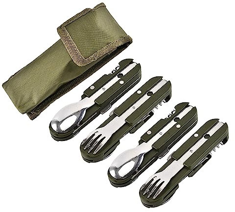Vajilla de camping de acero inoxidable 5 en 1，Herramientas para acampar al aire libre，Vajilla de exterior，Vajilla plegable multifuncional，Vajilla de viaje(4 paquete)
