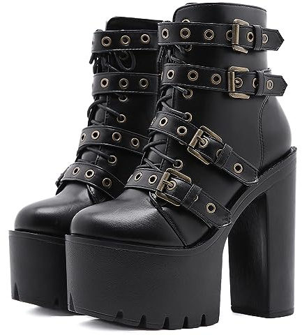 LIPIJIXI Donna's Platform Heel Goth Polacchine Rivet Punk Stivali Black Cordoncino Stivaletti Metal Decoration Polacchine with Side Zip Chunky Heel