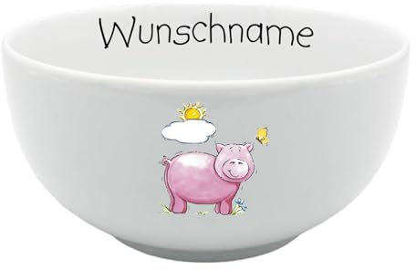Doriantrade Müslischale Kinder Porridge Schale Porzellan personalisierbar mit Wunschname Name Kindergeschirr mit Namen personalisiert (Schwein)