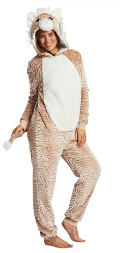 Loungeable Damen Jumpsuit Langer Overall Einteiler Tiger Luxury Fleece All In One 793076 3D Tier-Kostüm Karneval S
