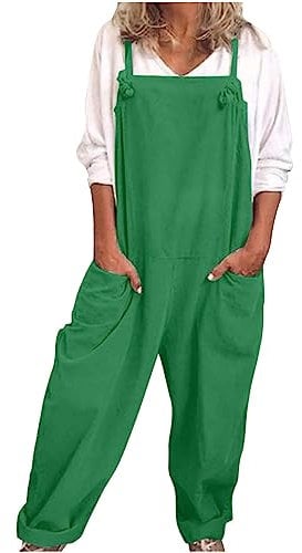Zeiayuas Dungarees for Women UK Cotton Linen Palysuits Straight Wide Leg Jumpsuits with Pocket Plus Size Vintage Overalls Trousers Work Office Plain Baggy Hippie Rompers Holiday Trousers Green