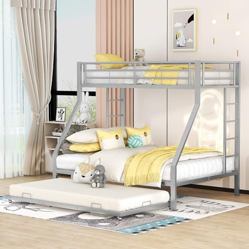 Kinderbett, Etagenbett 200x140/200x90cm, Metallbett mit Leiter auf beiden Seiten, Hochbett mit Lattenrost aus Metall und Ausziehbarem Bett, Hausbett für 2 Kinder, Silber, Ohne Matratze