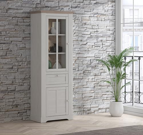 Forte ILOPPA Vitrine L 80, weiße Vitrine mit 2 Türen und 1 Schublade, Vitrinenschrank im Landhausstil, Holzwerkstoff, Nelson Eiche/Schneeeiche Holzdekor, 76 cm breit x 209,8 cm hoch x 44,3 cm tief