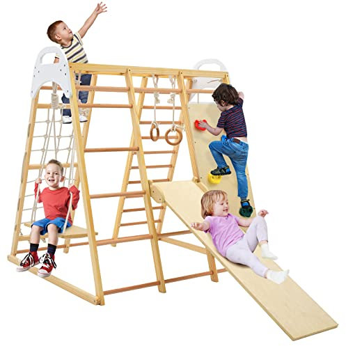 HOMASIS 8 en 1 Six d'Escalade en Bois pour Enfants, Toboggan pour 1+ Ans, Aire de Jeux d'Intérieur avec Balançoire/Anneaux/Trapèze/Filet (Naturel)