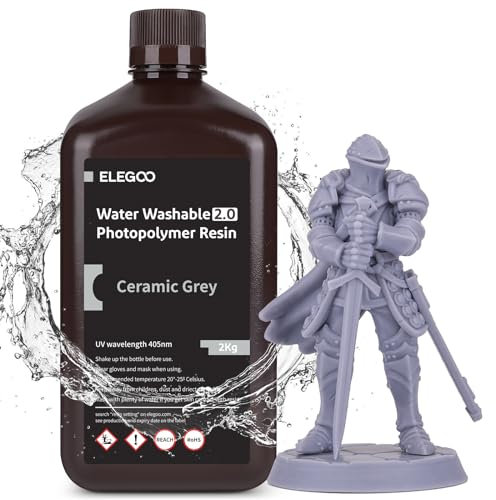 ELEGOO Upgraded Water Washable 3D Printer Resin 2.0, 405nm UV-Curing 3D Resin with Lower Shrinkage and Higher Precision for LCD 3D Printing Grey 2KG
