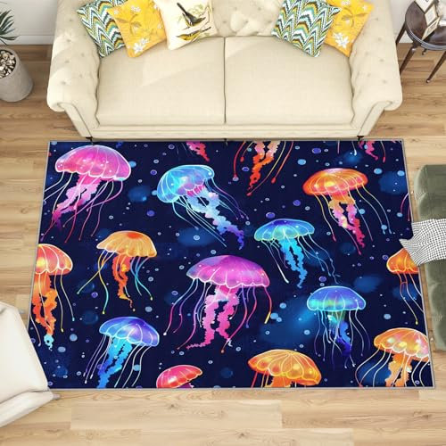 Quallen Deko - Teppich Wohnzimmer Schlafzimmer Quallen, Kleiner Teppich Marineblau Meerestiere, Weich Kurzflor & Waschbar & rutschfest Fussmatte Innen, Kinderteppich 40x60 cm