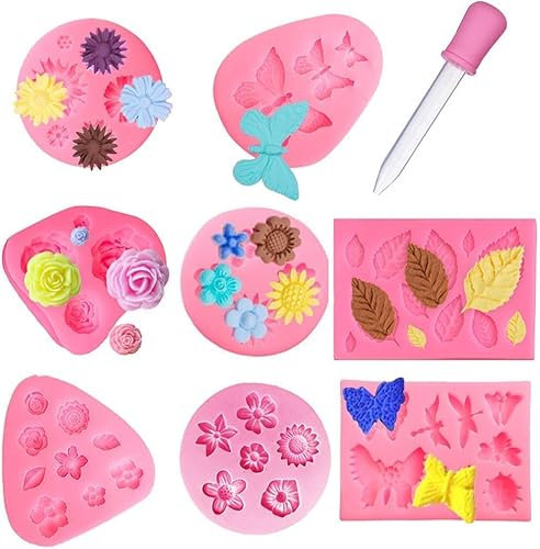 8 Piezas Fondant Molde Silicona de Flores, Moldes Silicona Manualidades, 3D Molde de Flores Moldes de Flores de Margaritas Hojas Mariposas Molde para Dulces Pasteles, para DIY Chocolate Pasteles(Rosa)