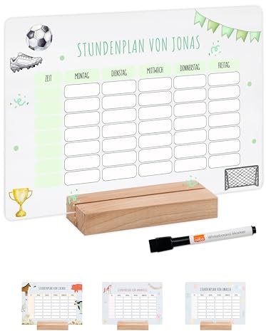 Bärenfreunde® - Personalisierbarer & Abwaschbarer Stundenplan aus Acryl + Stift, Holzhalter - Einschulung Geschenk, Schultüte zum Schulanfang oder Grundschule (Fußball,mit Holzhalter)