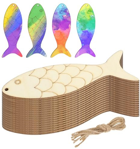 Yuanchu 30 Stück Unfertiges Fischornament aus Holz,mit Hanfseile Blanker Fischschmuck Aus Holz zum Aufhängen Fisch geformt holzfische deko Fischanhänger für DIY Ozean Tier thematische Party