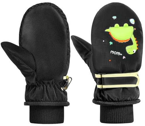 MoKo Kinder Skihandschuhe, Winter Fäustlinge Handschuhe Winddicht Wasserdicht Sport Handschuhe für Skifahren Radfahren Snowboarden Outdoor-Aktivität für Jungen Mädchen 2-4 Jahren,S,Schwarz/Dinosaurier