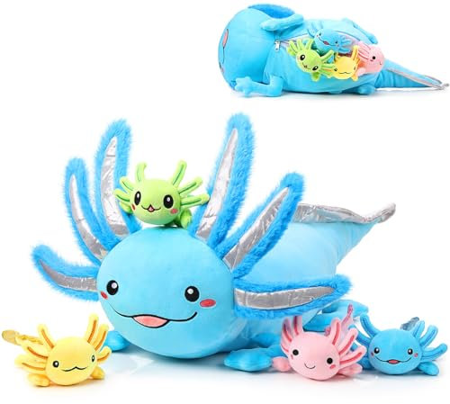 Aoriher 5 Stück Axolotl Plüschtiere Set 60 cm Mama Axolotl Stofftier mit 4 Süßen Plüsch Babys im Bauch Weiches Flauschiges Axolotl Kuscheltier für Jungen Mädchen Geburtstag Party Geschenk(Blau)