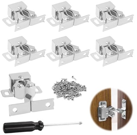 QINGHEC 10 Pcs Roller Catch Cupboard Cabinet Door Latch Twin Double Catches, Double Roller Door Catch with Screw, Strong Hold Kitchen Cabinet Door Catches for Cupboards Closet Wardrobe-Silver