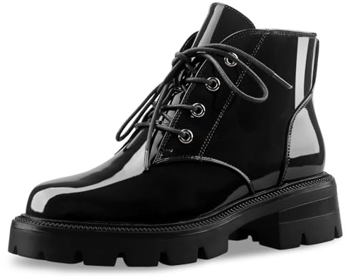Perisis Women's Lug Sole Short Combat Boots Black Chunky Heel Platform Ankle Booties Comfy Flat Boot Lace Up Oxford Shoes with Side Zipper for Ladies Cute (black,8)