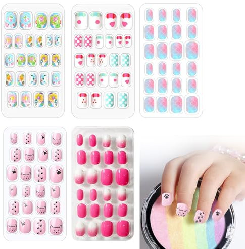 MADGININE 120 PCS Kids Stick on Nails: Full Cover Fake, Press on Gel Nails - Easy to Wear, Decoration for Girls