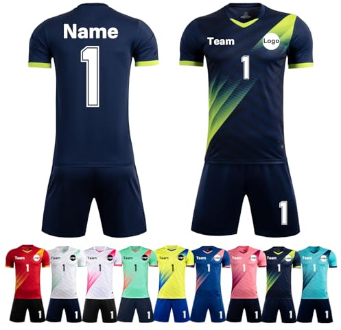 Custom Football Jersey for Adult Kids Men Women Youths Personalised Football Uniform Shirt and Shorts with Name Logo Team Number Navy Blue