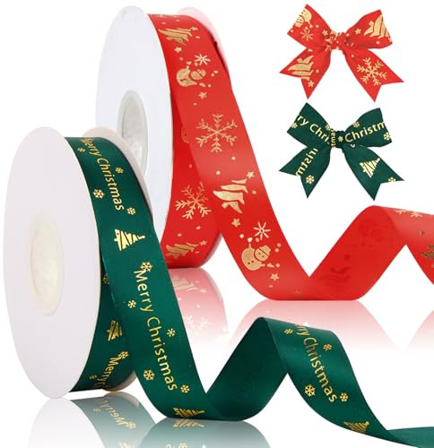 Hyran Ruban Noël - 2 Rouleaux Rouge + Vert Satin, 25 Verges pour Décoration, Emballage Cadeau et Fabrication de Nœuds