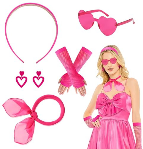 Meleager 90er Jahre Accessoires Outfit Damen, Rosa Stirnband Ohrringe Netzhandschuhe, Herz Sonnenbrille Halstuch, 80er Pink Costume Accessories für Fasching, Kostüm Party
