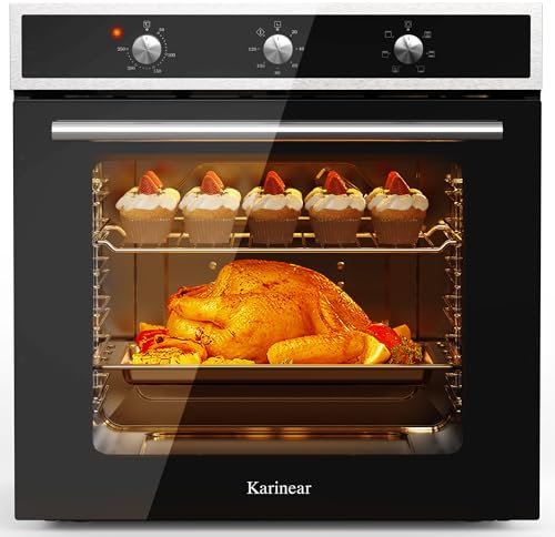 Karinear Forno Elettrico da Incasso 60L, Forni a Conventional + Convezione Ventilato a 6 Funzioni, 2200 W, 250 gradi, Inox Antimpronte, Spina, con Piastra, Griglia, Nero