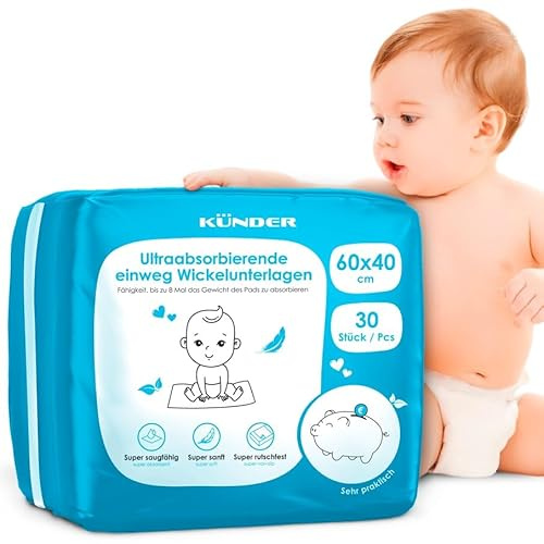 30x Baby Wickelunterlage Einweg 60x40 cm - Ultra-saugfähige Inkontinenzunterlagen, 6-lagige Betteinlagen für Babys & unterwegs, Strapazierfähige Krankenunterlagen und Inkontinenzauflage