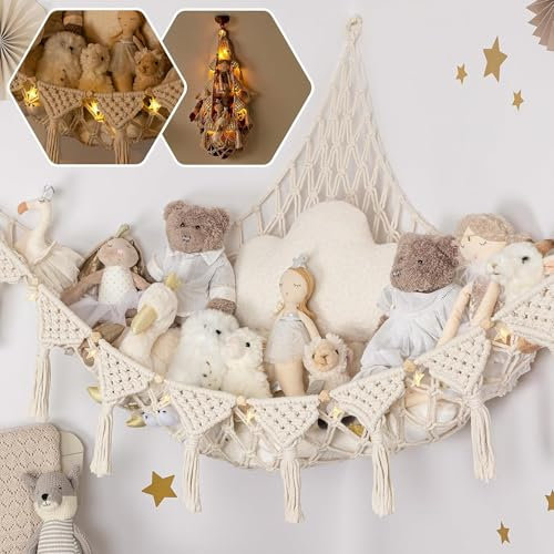 JanYoo Spielzeug Aufbewahrungs Kuscheltier,Großformat Aufbewahrung Netz Kinderzimmer Hängend Spielzeug Organizer Boho Makramee Stofftier Hängematte mit LED-Lichterkette für Kuscheltiere, Weiß