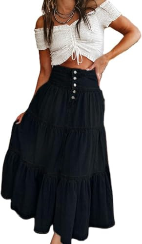 LLECDASEUI Jupes Longues en Jean pour Femmes Taille Haute Bouton-Fly plissé à Volants Maxi Jupe en Jean été fluides Jupes à Plusieurs Niveaux a-Line (Noir,TG)