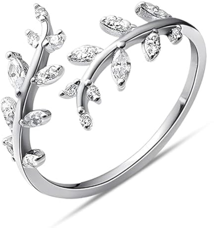 Ringe, Zirkonia Fingerring, Wasserfest Statement Ring, Blatt Zweig Ring Offener mit Weiß Zirkonia Verstellbar, Silber