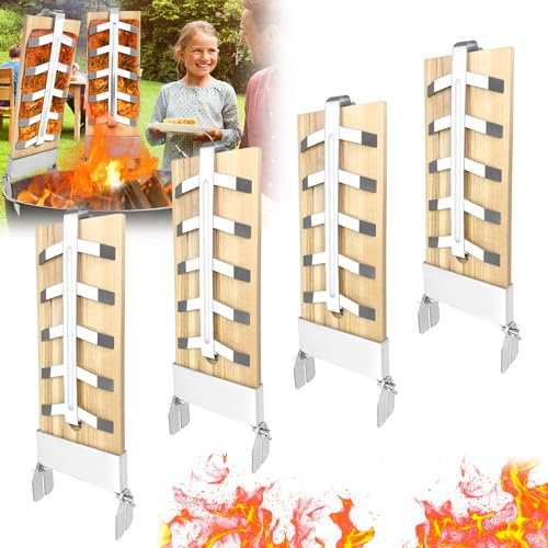 VANCHEMO Flammlachsbrett 4er-Set mit 5 Stufen Edelstahl-Halterung zum Grillen und Räuchern von Lachs, Forellen - Zedernholz Classic für Feuerschale, Grill, Lagerfeuer