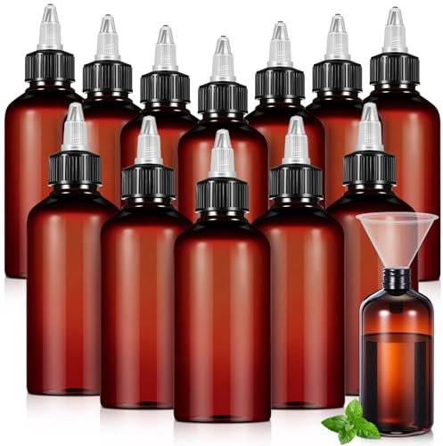 Barydat 12 Pcs Applicator Bottles for Hair, Squeeze Hair Oil Applicator Bottle Refillable Empty Plastic Bottles, Twist Cap with Open Close Nozzle and 2 Funnels (8 oz,Brown)
