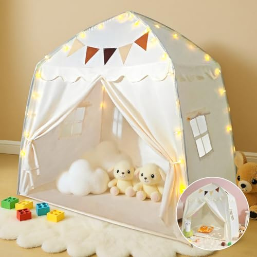 Kinderzelt mit LED-Lichtern und Dekoration, XXL Kinder Spielhaus Indoor mit Fenstern, Spielzelt Kinderhaus Innenbettzelt für Kleinkinder, Geschenke für Kinder ab 3 Jahre, 150x108x150 cm