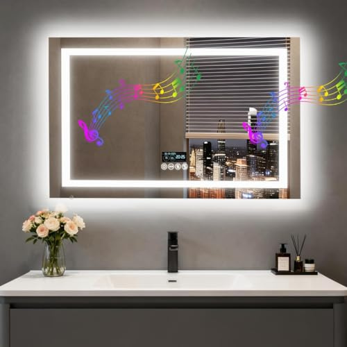 LUVODI Bluetooth LED Bathroom Mirror: 800x600mm Wall Rectangular Lighted Mirror with Speakers Anti-fog Smart Display Memory Function, IP56 Rated