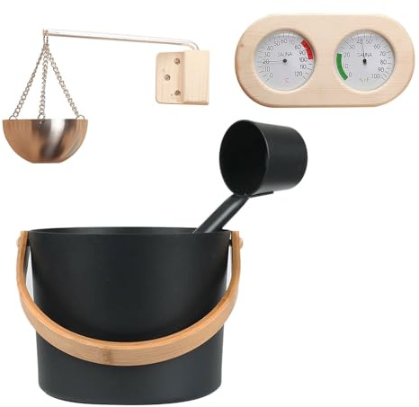 Sauna Bucket Set - 16.7 Inch Sauna Accessories | Aluminium Sauna Infusion - Hammered Bucket with Wooden Handle, Ladle, Thermal and Hygrometer, Ideal for Luxury Saunas and Aromatherapy