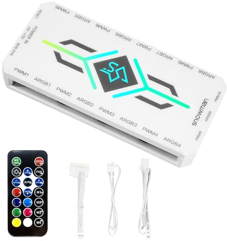 ONGNIUU ARGB PWM Hub Ventole pc con Telecomando, Dotato di 9 Porte PWM (4 pin) e 9 Porte ARGB (5 V 3 pin), Base Magnetica e Alimentazione SATA a 18 Porte (Bianco)