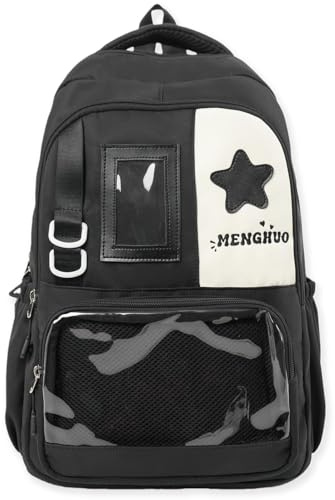JIABAOZ Aesthetic Backpack,Ita Tasche Mit Transparenten Fenstern,Für Damen Und Teenager,Rucksack,Niedlich,Ästhetisch,Große Schultasche,inkl. zufälliger Pin-Karte und Plüsch-Anhänger,Anime (Schwarz)