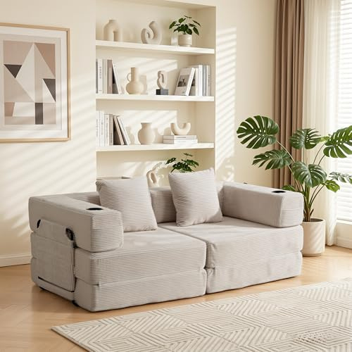 WELAX 185 cm Schlafsofa, knochenloses Cloud Queen Futon-Sofa mit Getränkehaltern und Aufbewahrungstaschen, klappbares Cord-Bodensofa für Schlafzimmer und Wohnung, kein Aufbau erforderlich, Hellgrau