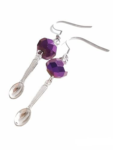 Handmade Fibromyalgia Metallic Purple Crystal Bead Spoon Earrings