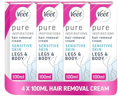 Veet Pure Legs & Body Hair Removal Cream, 400ml (100mlx4), Sensitive Skin | Natural Origin Ingredients, Long Lasting Smoothness, Contains Aloe Vera, Gently Removes Hair, Dermatologically Tesed