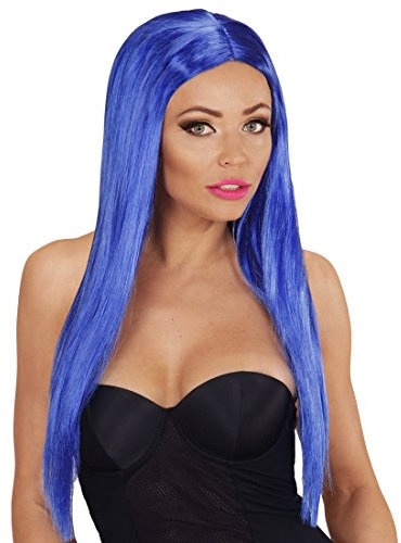 Amakando Faschingsperücke lang Sexy Damen Perücke blau Frauen Karnevalsperücke günstig Damenperücke Karneval Langhaarperücke glatt Frauenperücke Fasching