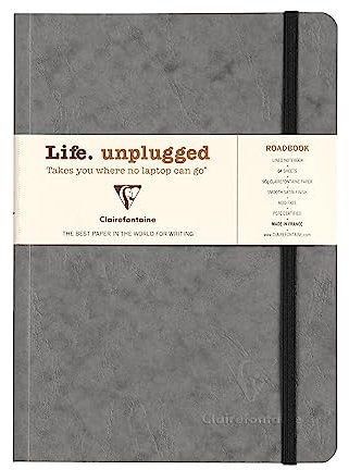 Clairefontaine 793165C Notizheft Roadbook, DIN A5, 14,8 x 21cm, 64 Blatt, liniert, Gummizug, bedruckten Vorsatzblättern, 1 Stück, grau