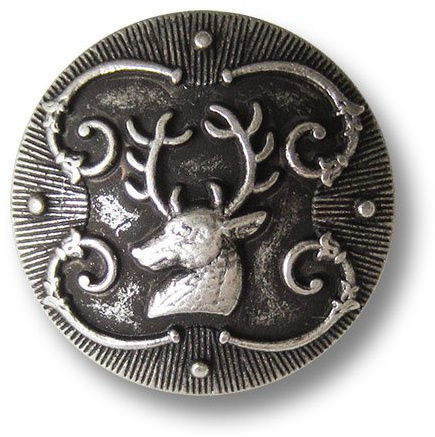 6er Set bildschöne leicht gewölbte altsilberfarbene Ösen Metallknöpfe mit Hirsch Motiv und Ranken mit schraffiertem Rand/Altsilberfarben, geschwärzt/Metall Knöpfe/Ø ca. 15mm