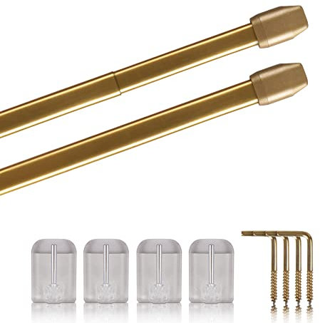 Vitragestangen 2er Pack ausziehbar, 2 Gardinenstangen mit Selbstklebehaken - Befestigung ohne Bohren (Farbe: messing glänzend, Größe: 80-120cm)