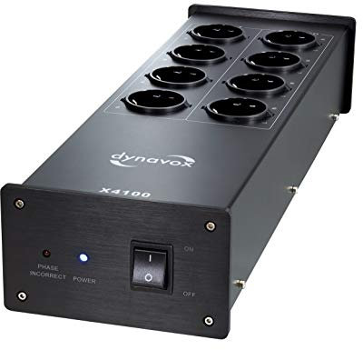 Dynavox HiFi-Netzfilter X4100B, Mehrfach-Steckdose mit 8 Steckplätzen, mit LED-Kontrollleuchte für korrekte Phasenlage, Schwarz