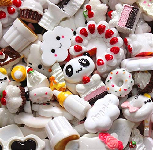 Random 30pcs Cute Candy Resin Charms Beads Fruit Dessert Ice Cream Plastic Slices Flatback Buttons for Handcraft Accessories Scrapbooking Phone Case Decor(White)
