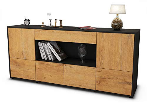 Stil.Zeit Sideboard ELSA, Korpus anthrazit matt, Front Holz-Design Eiche (180x79x35cm) Push-to-Open Technik & Leichtlaufschienen