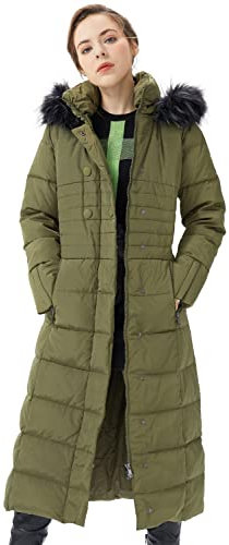 Orolay Damen Daunenmantel Lang Warm Winterjacke mit Kapuze Kunstpelz Female Mittellanger Steppmantel Wintermantel Armeegrün M
