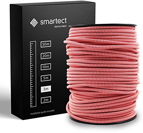 smartect Cable Electrique Textile Rouge Blanc, Fil Electrique Tissu de 3 Mètres, 3 Conducteurs (3 x 0,75mm²) Cable Tissu Lampe pour Les Projets de Bricolage