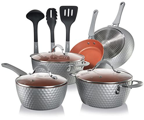 NutriChef NCCW11GD Nonstick Cookware Excilon |Home Kitchen Ware Töpfe & Pfannen Set mit Stielkasserolle, Bratpfannen, Kochtöpfen, Deckeln, Utensilien, PTFE/PFOA/PFOS frei, Keramik, grau